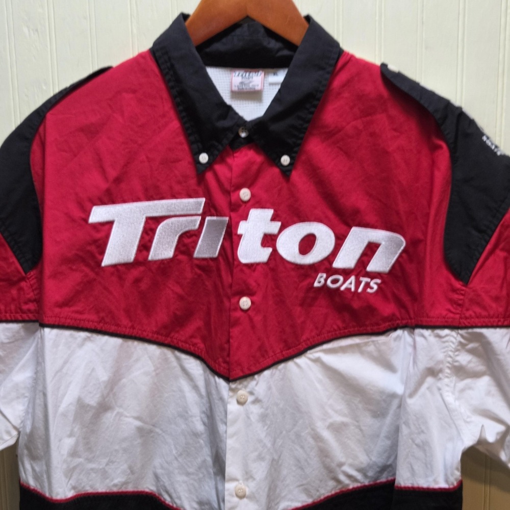 Triton Boats Shirt Mens XL Red White Black Short Sleeve Button Up Embroidered
